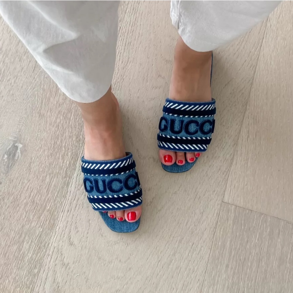 New Authentic Gucci Jane Slide Denim Sandal Size 37.5